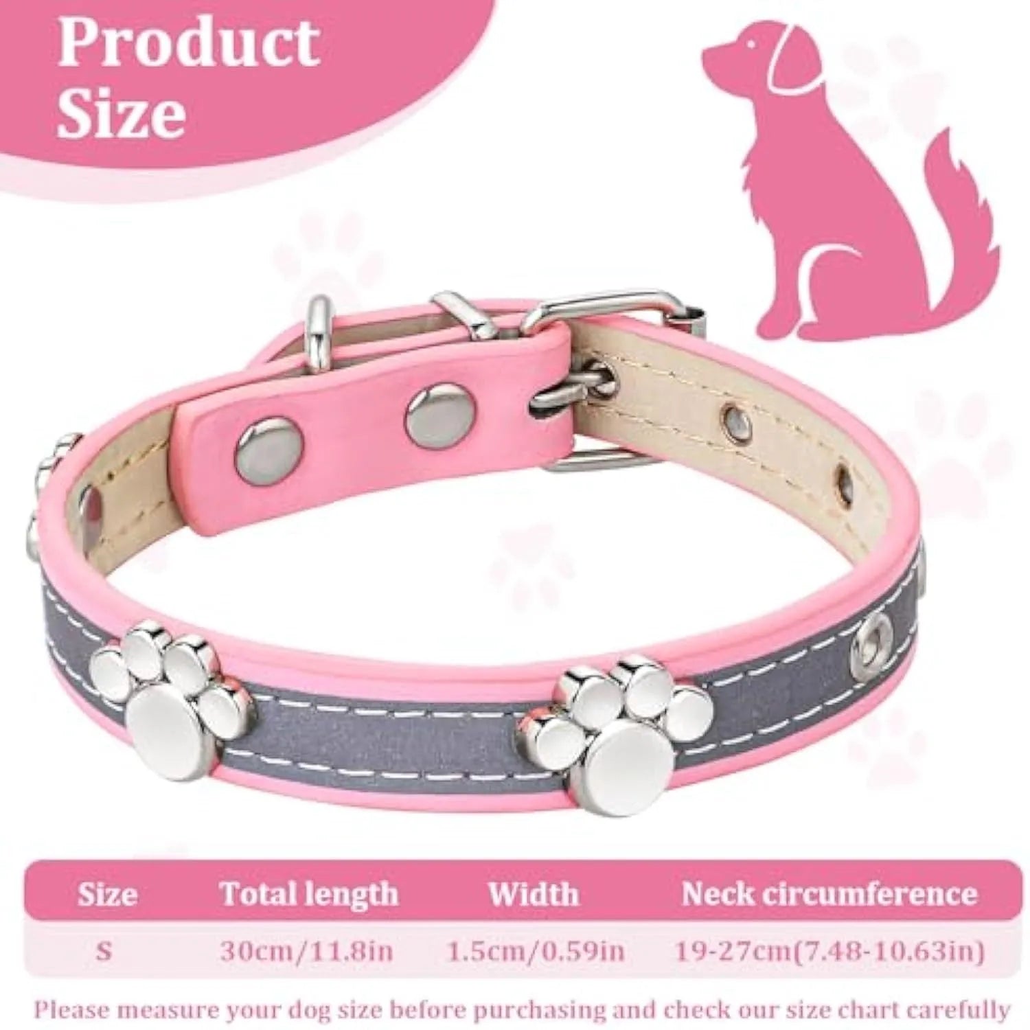 Reflective adjustable dog collar made of brown PU leather with metal paw print rivets and buckle.