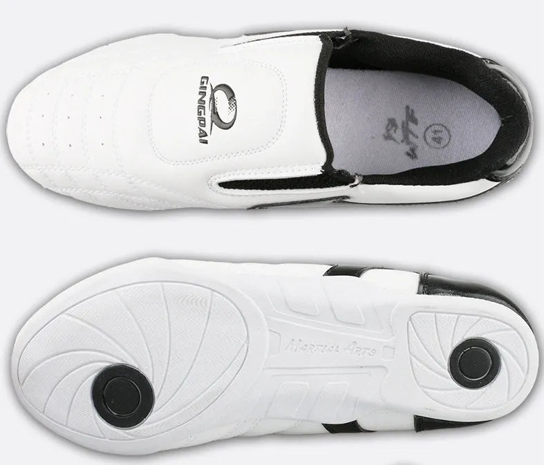Black and white children's professional martial arts training shoes with soft bottom design