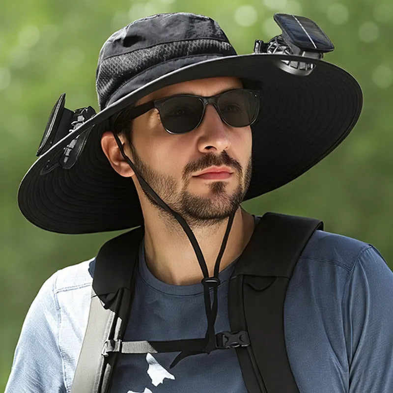 Solar-powered fan hat with integrated cooling fan and rechargeable lithium battery in fishing hat design