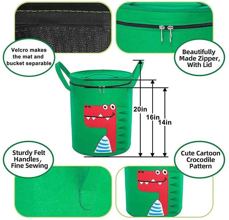 Green felt cube storage bag with pull rope, shown both as a closed bag and flattened as a play mat.