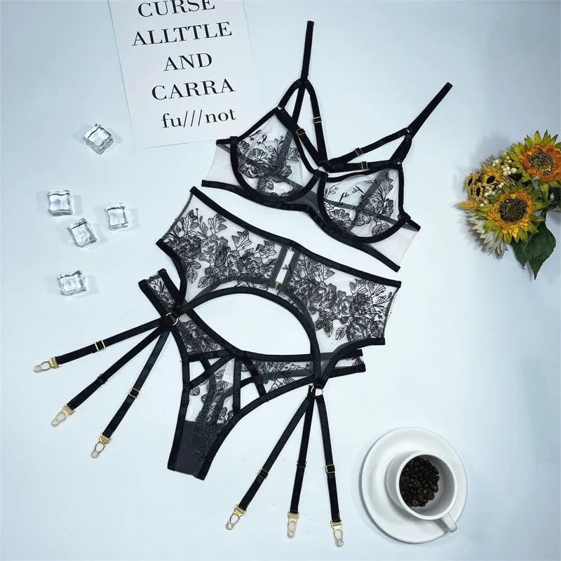 Black women's lace mesh three-piece set with floral print, showing top, pants, and waist ring.