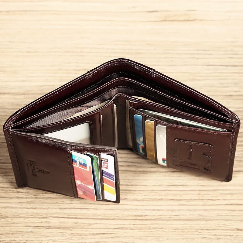 Men's leather wallet in black or brown with banknote folder, card slots, coin pocket, and photo window