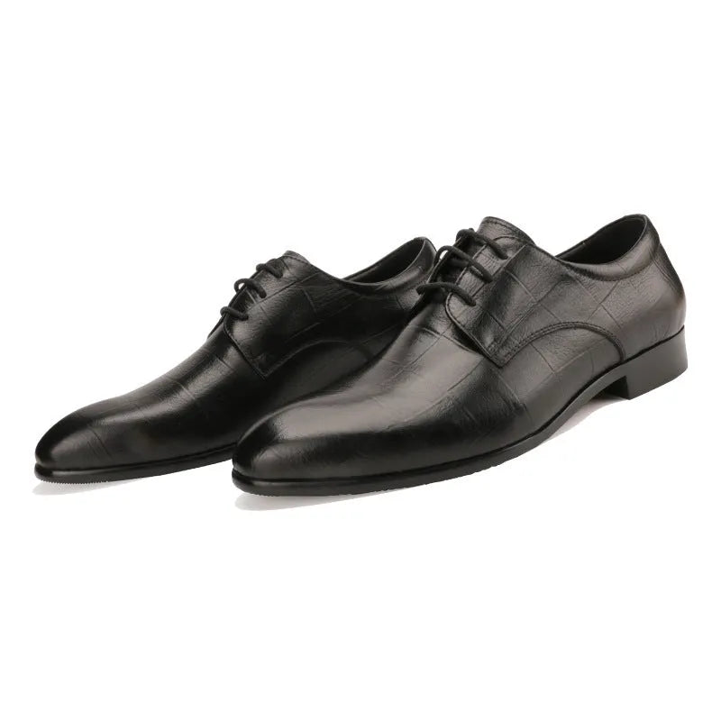 Men's black leather derby shoes with a pointed toe cap and anti-skid rubber sole.