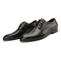 Men's black leather derby shoes with a pointed toe cap and anti-skid rubber sole.