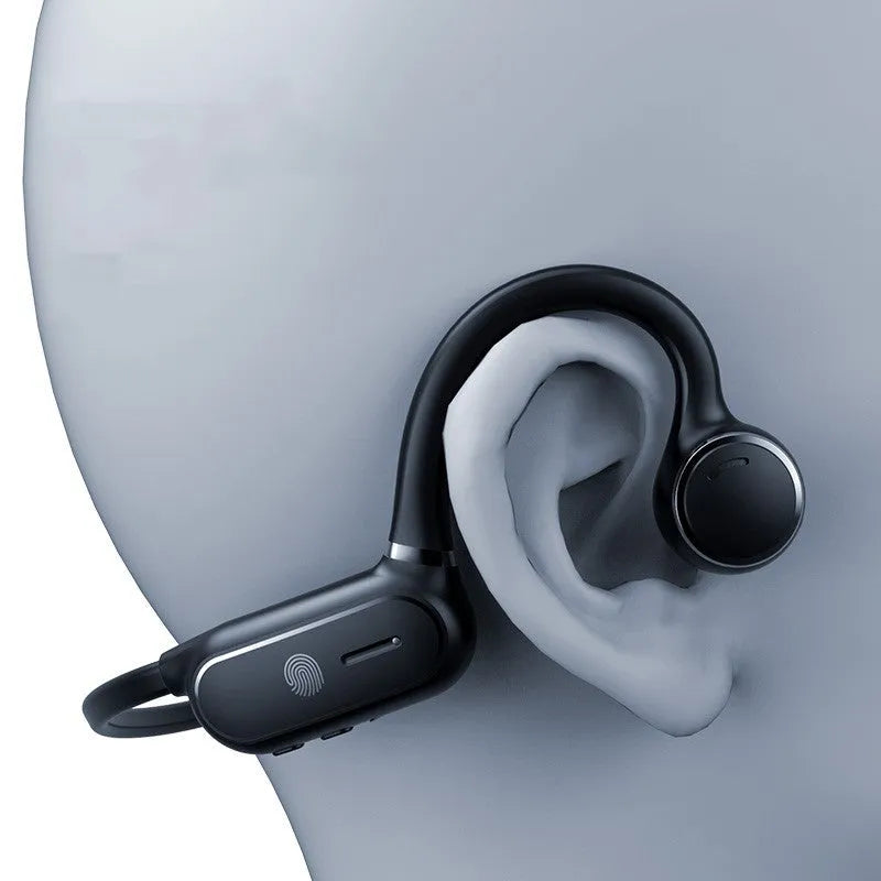 Black air conduction Bluetooth wireless earphone with an ear-hook design and touch controls on the housing.