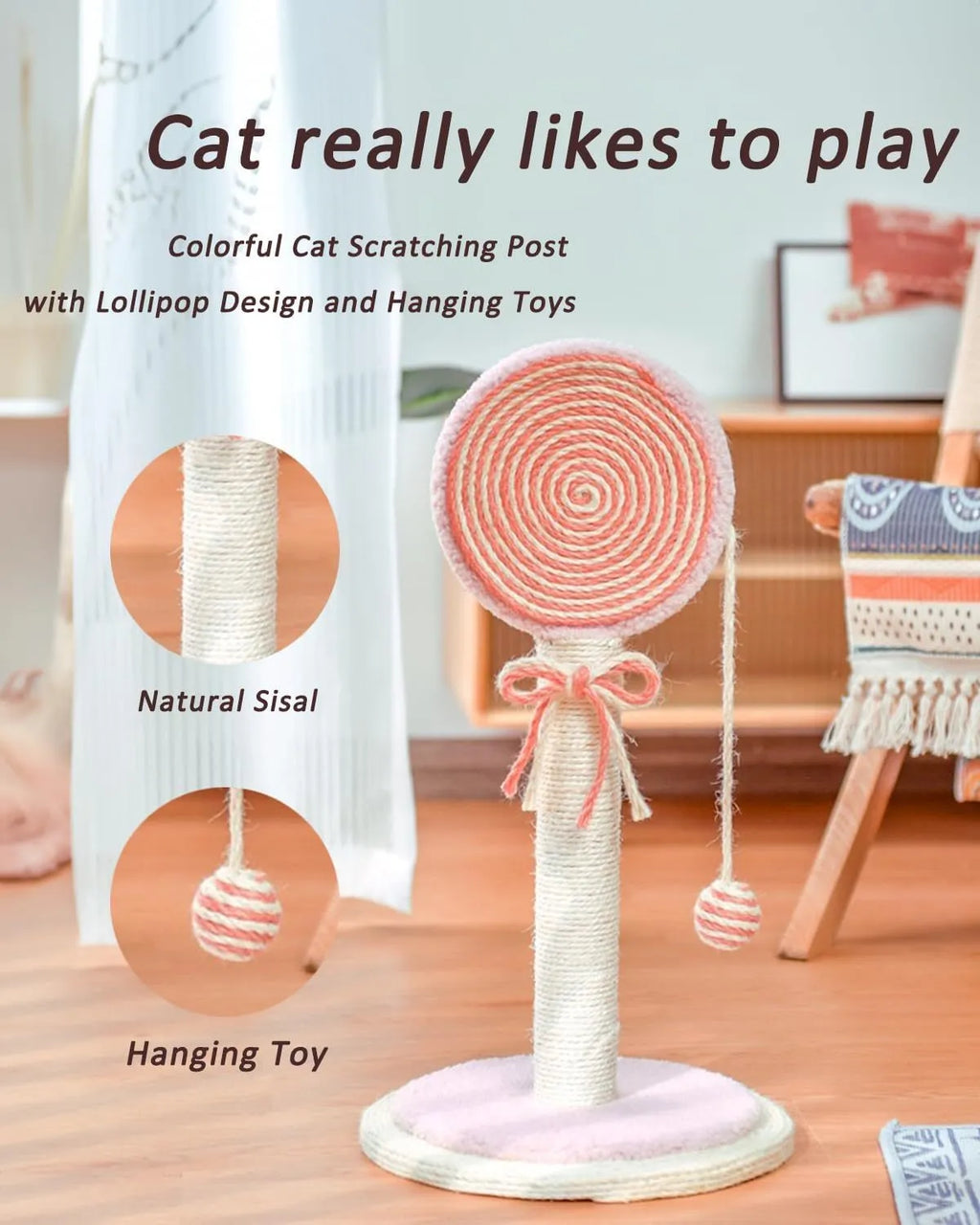 Blue cat scratching post made of natural sisal with a hanging ball on a stable white base.