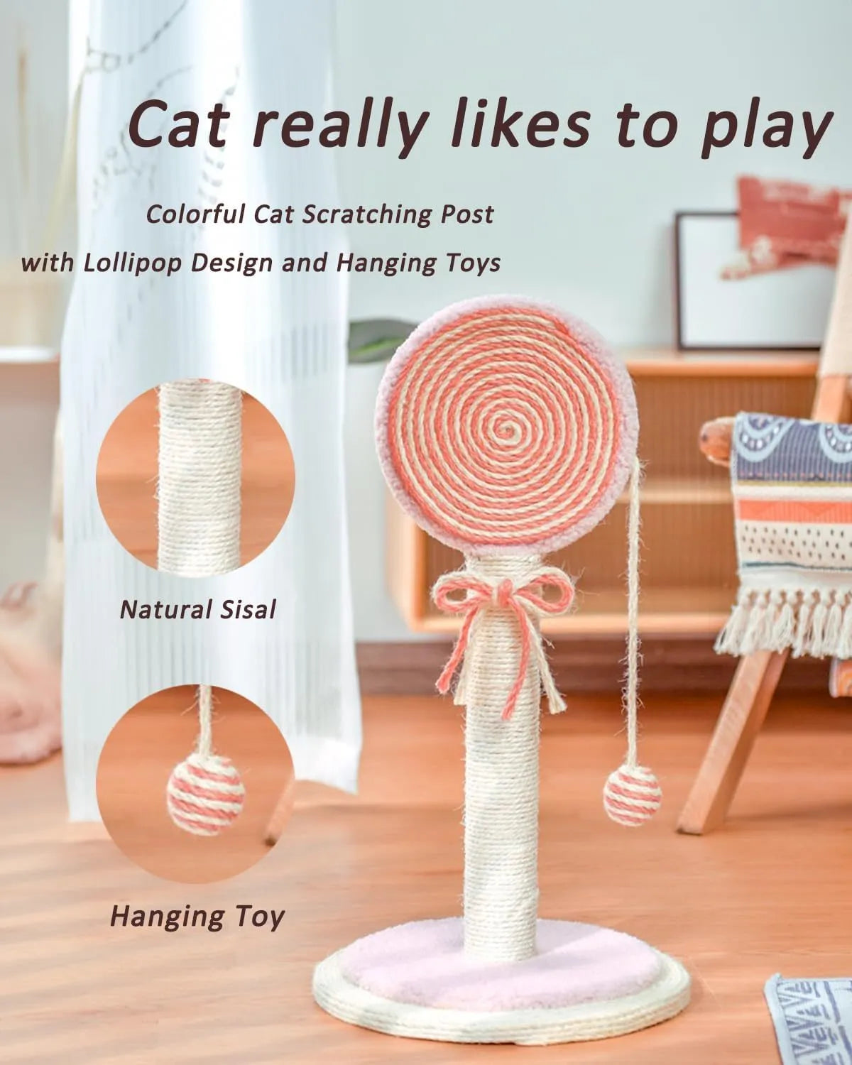 Blue cat scratching post made of natural sisal with a hanging ball on a stable white base.