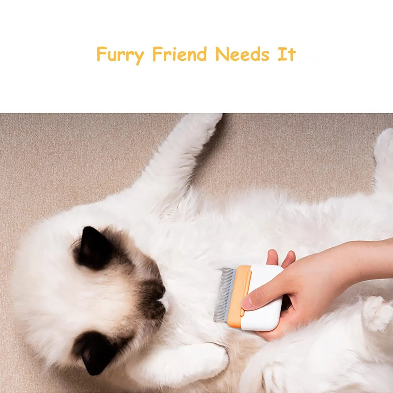 Blue double-sided pet deshedding brush with stainless steel teeth on a wooden table.
