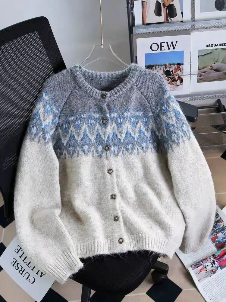 Women's contrast colour jacquard thickened sweater coat loose fit long sleeves