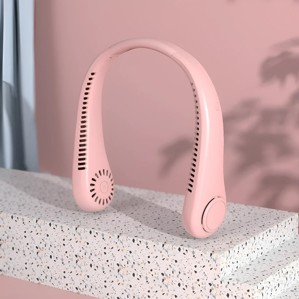 Pink USB rechargeable bladeless neck fan being worn, showing adjustable speed buttons and flexible neckband.