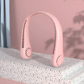 Pink USB rechargeable bladeless neck fan being worn, showing adjustable speed buttons and flexible neckband.