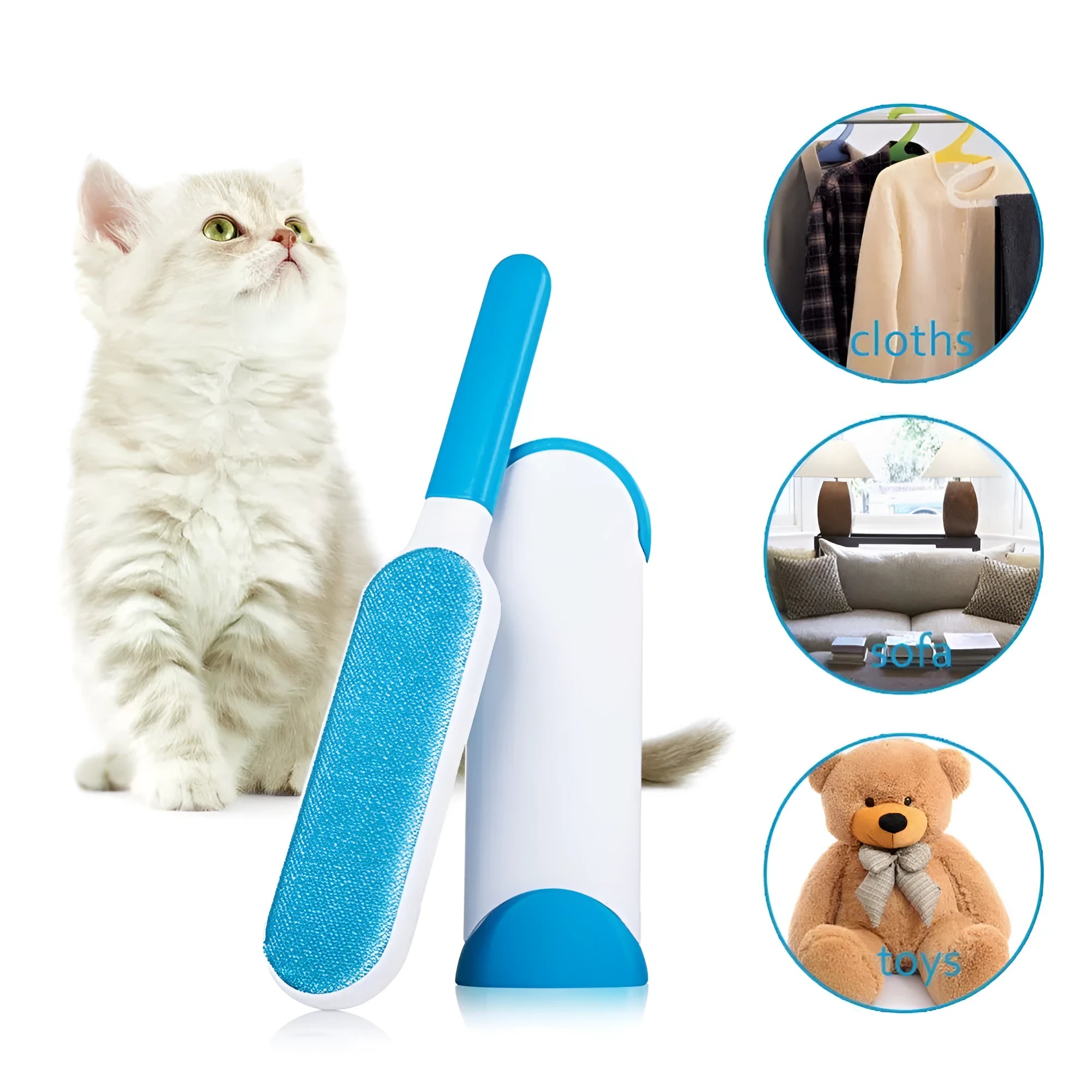 Blue reusable pet hair removal brush and self-cleaning base for sofas and car seats