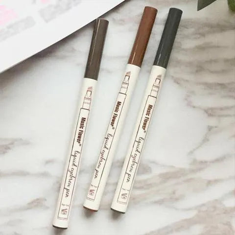 Music Flower waterproof natural eyebrow pen with four-claw fork tip, available in Chestnut, Brown, and Dark Grey