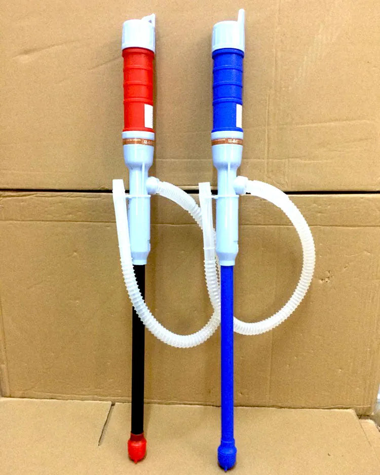 Manual hand pump siphon for fuel oil gasoline transfer in blue or red colours