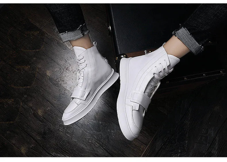 Men's black and white PU leather winter ankle boots in high-top sneaker style with microfiber upper