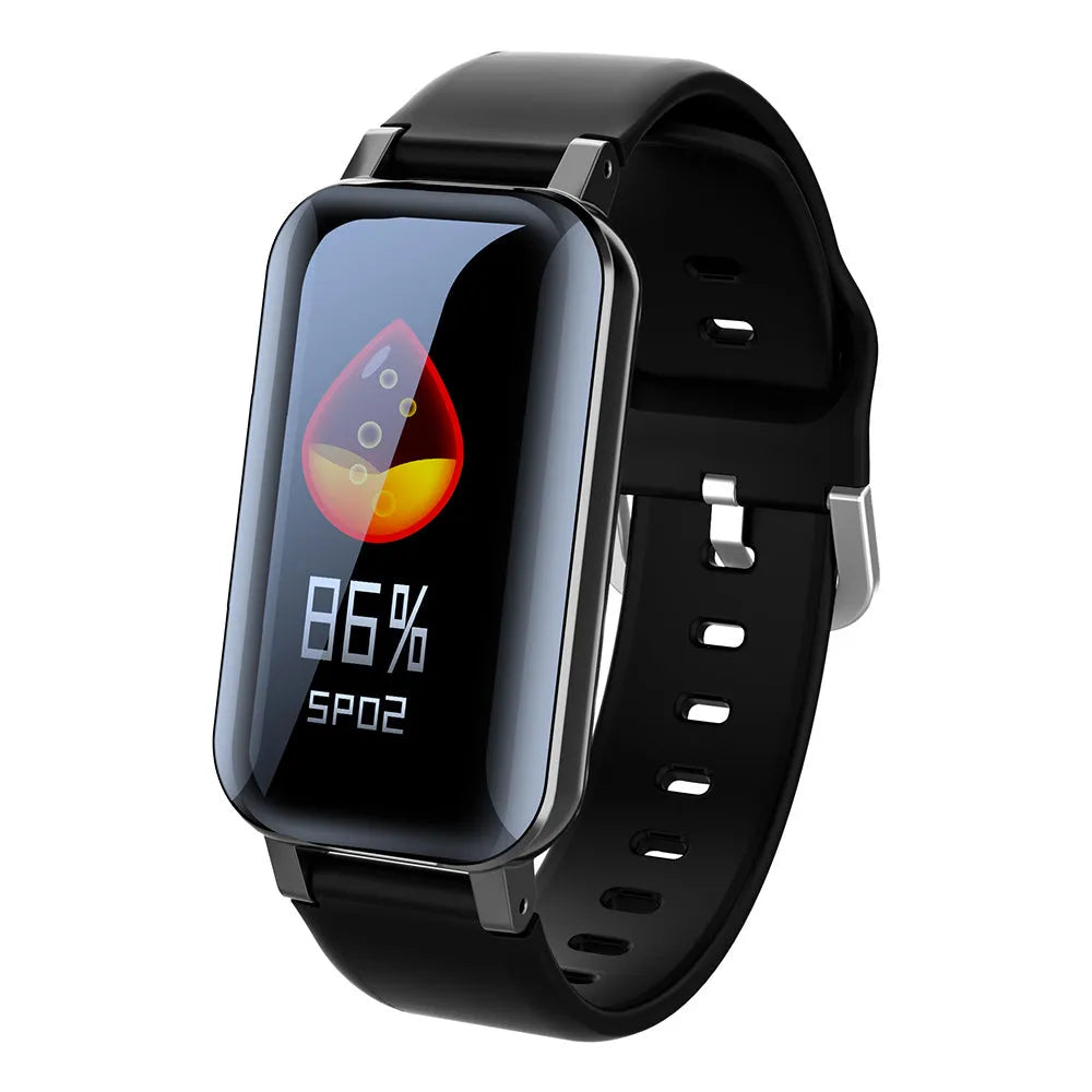 Call Bracelet smart fitness tracker on a wrist showing heart rate monitoring, available in black, blue, and coffee colours.