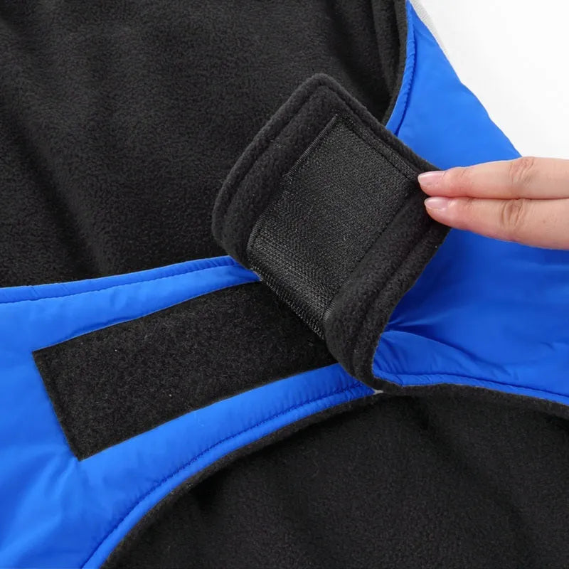 Winter dog coat with reflective strip for large breeds polyester safety jacket blue colour