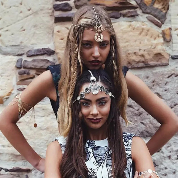 Boho style festival headband jewellery in ancient silver finish, lightweight alloy construction with nickel-free plating