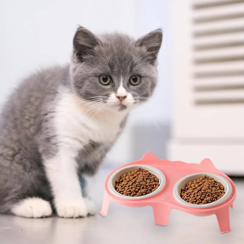 Ceramic cat food and water bowl set on elevated stand with storage hook in blue colour