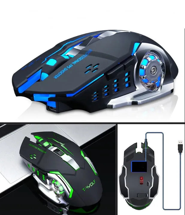 Black wireless mouse with six buttons showing wireless charging capability and silent click design