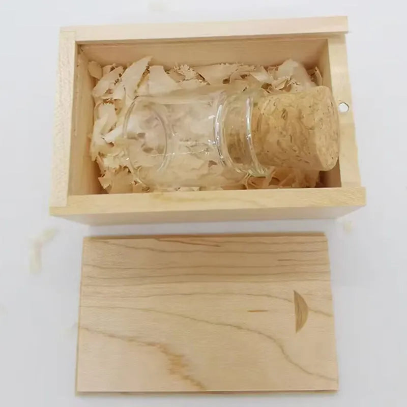 Transparent wooden drift bottle shaped USB flash drive measuring 60 by 28mm