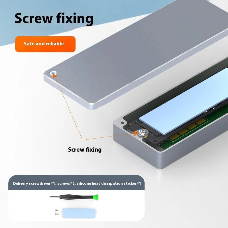 Type-C M.2 solid-state hard drive enclosure kit with aluminium case, screwdriver, screws, silicone pad, and cable.