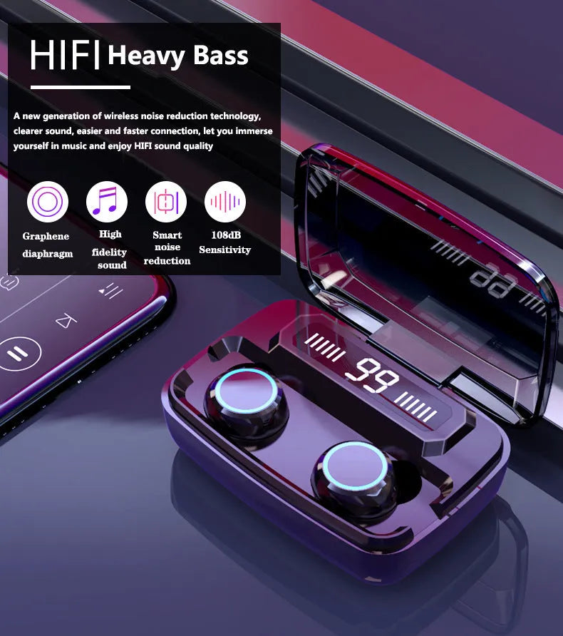 Black M11 Bluetooth wireless headset with digital display and integrated mobile phone holder.