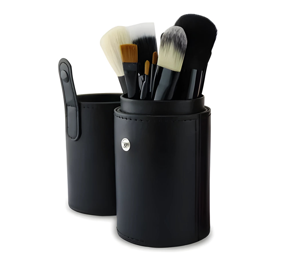 Niya Supply 12-piece makeup brush set in black PU cylinder with assorted wooden-handled brushes