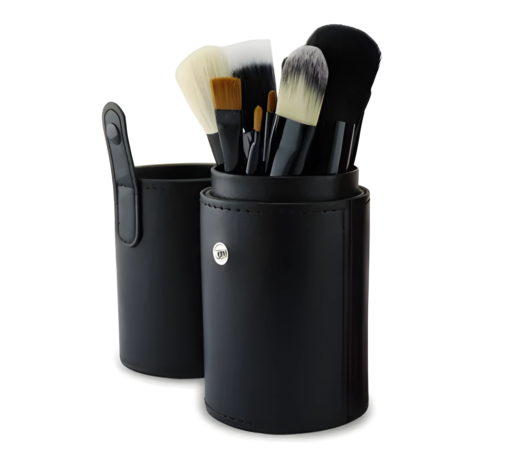 Niya Supply 12-piece makeup brush set in black PU cylinder with assorted wooden-handled brushes