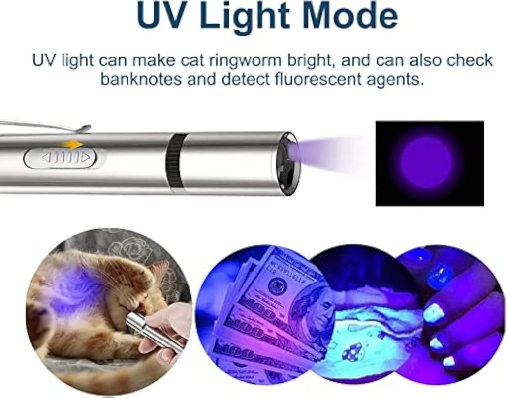 Silver aluminum cat laser toy pointer with gear controls and metal clip