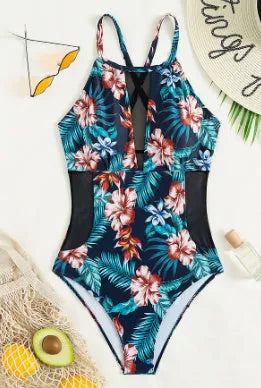 Women's deep V-neck one-piece swimsuit with printed pattern and polyester lining