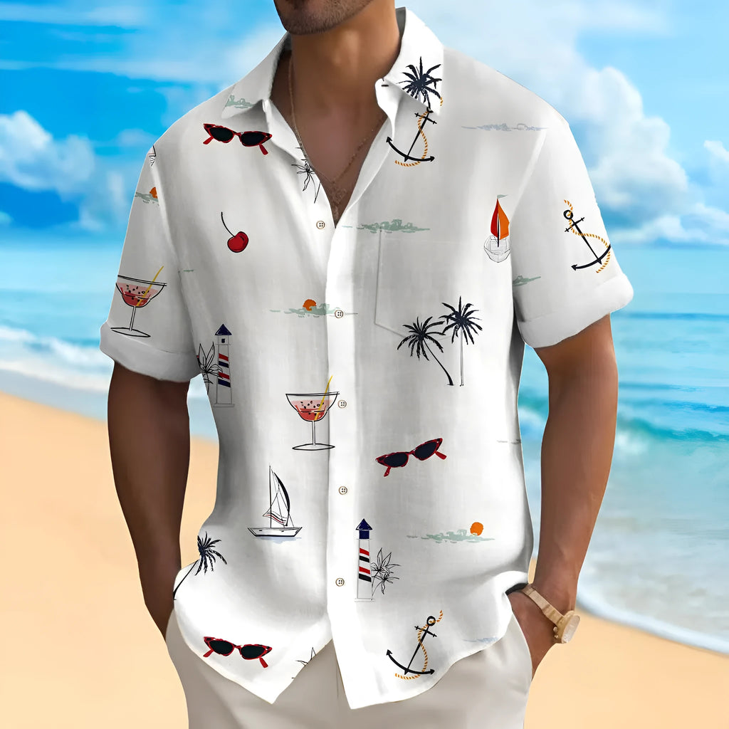 Men's loose fit Hawaiian shirt with digital printing pattern in polyester fabric showing short sleeve design