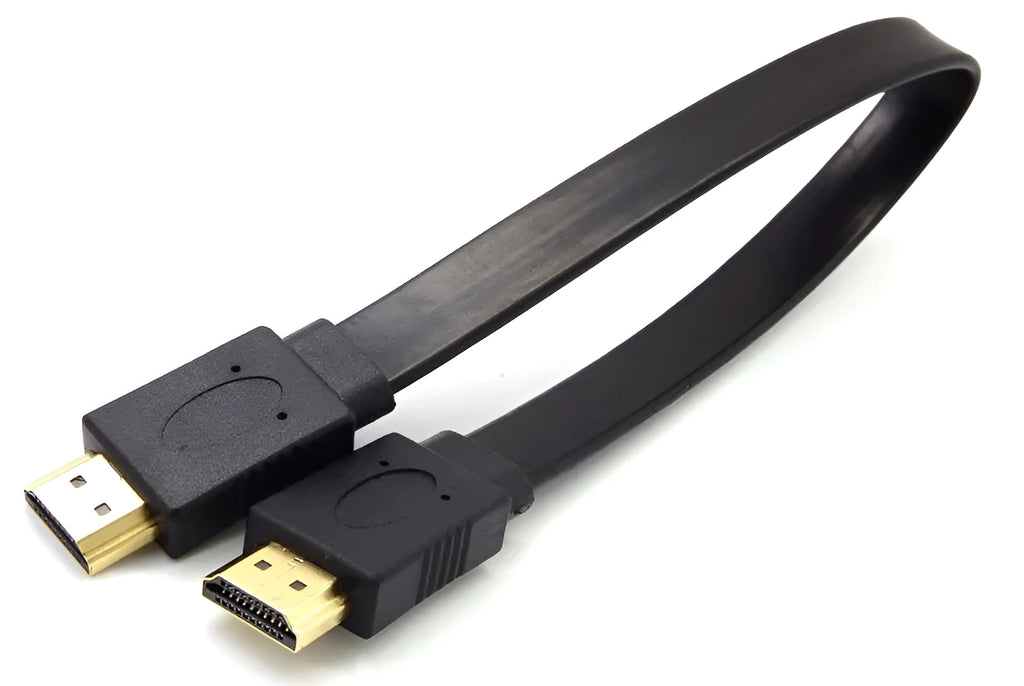Flat black HDMI cable with male connectors showing length options from 0.3 to 10 metres