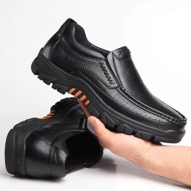 Men's black and brown business casual slip-on shoes with cowhide leather upper and rubber sole