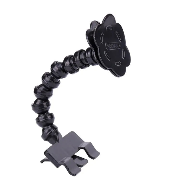 Black pet selfie stick with square and flower clips for camera mounting on pets