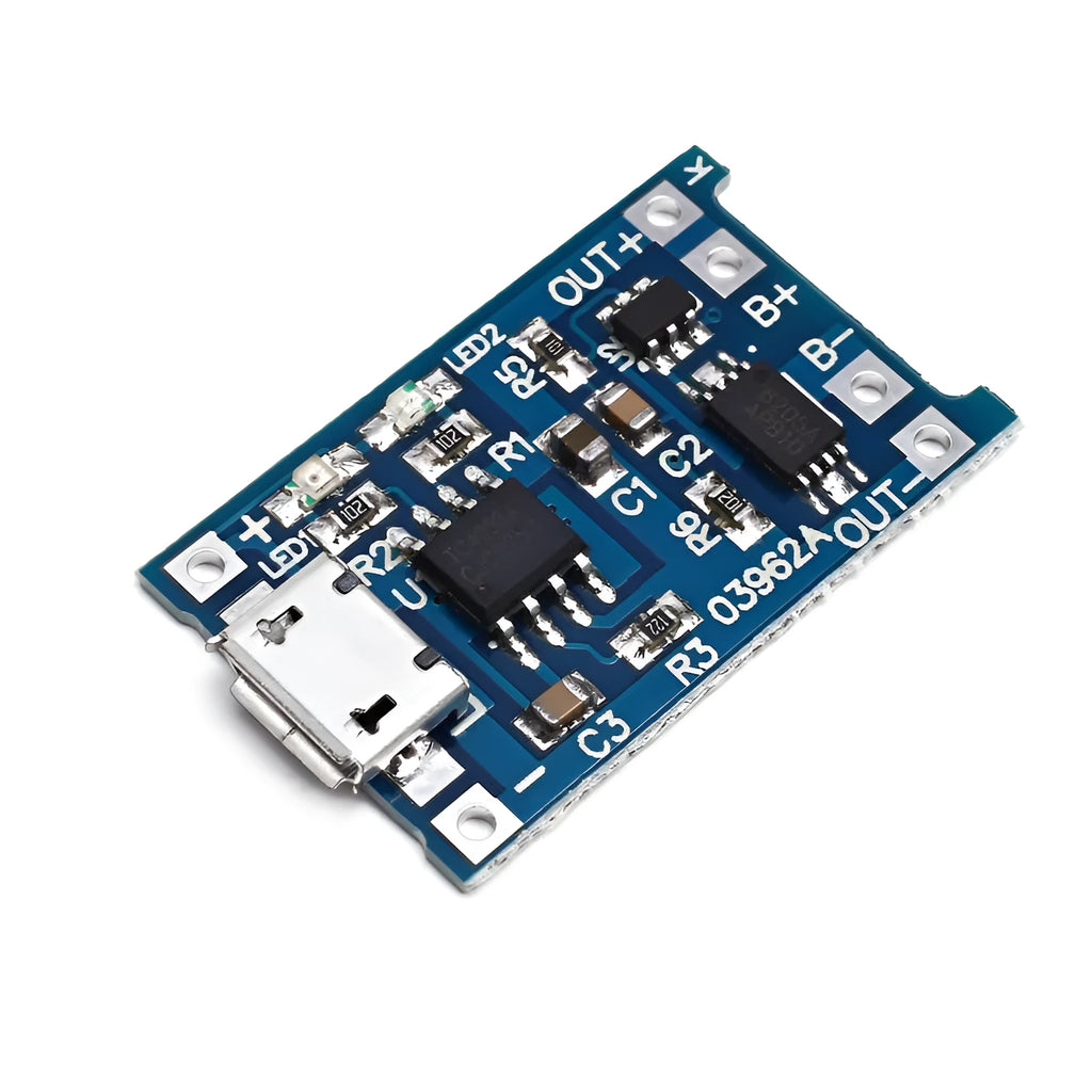 Blue lithium battery charging protection board measuring 2.6 by 1.7 centimetres
