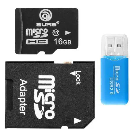 Compact silver Mini USB TF Card Reader with a plugged-in microSD card next to an SD card adapter.
