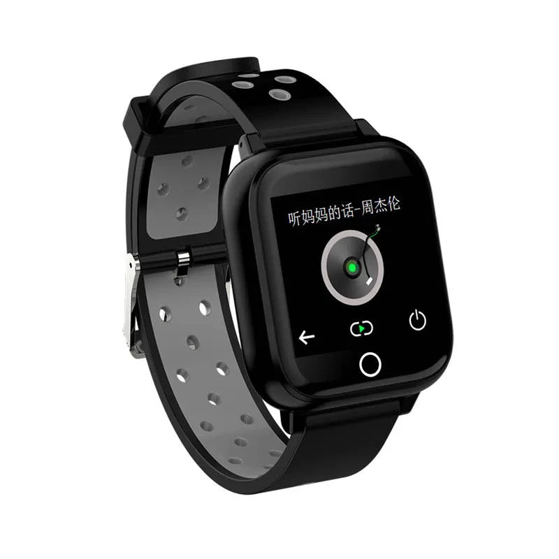 Smart watch with Bluetooth earbuds stored in charging compartment, showing 1.4-inch display with fitness metrics