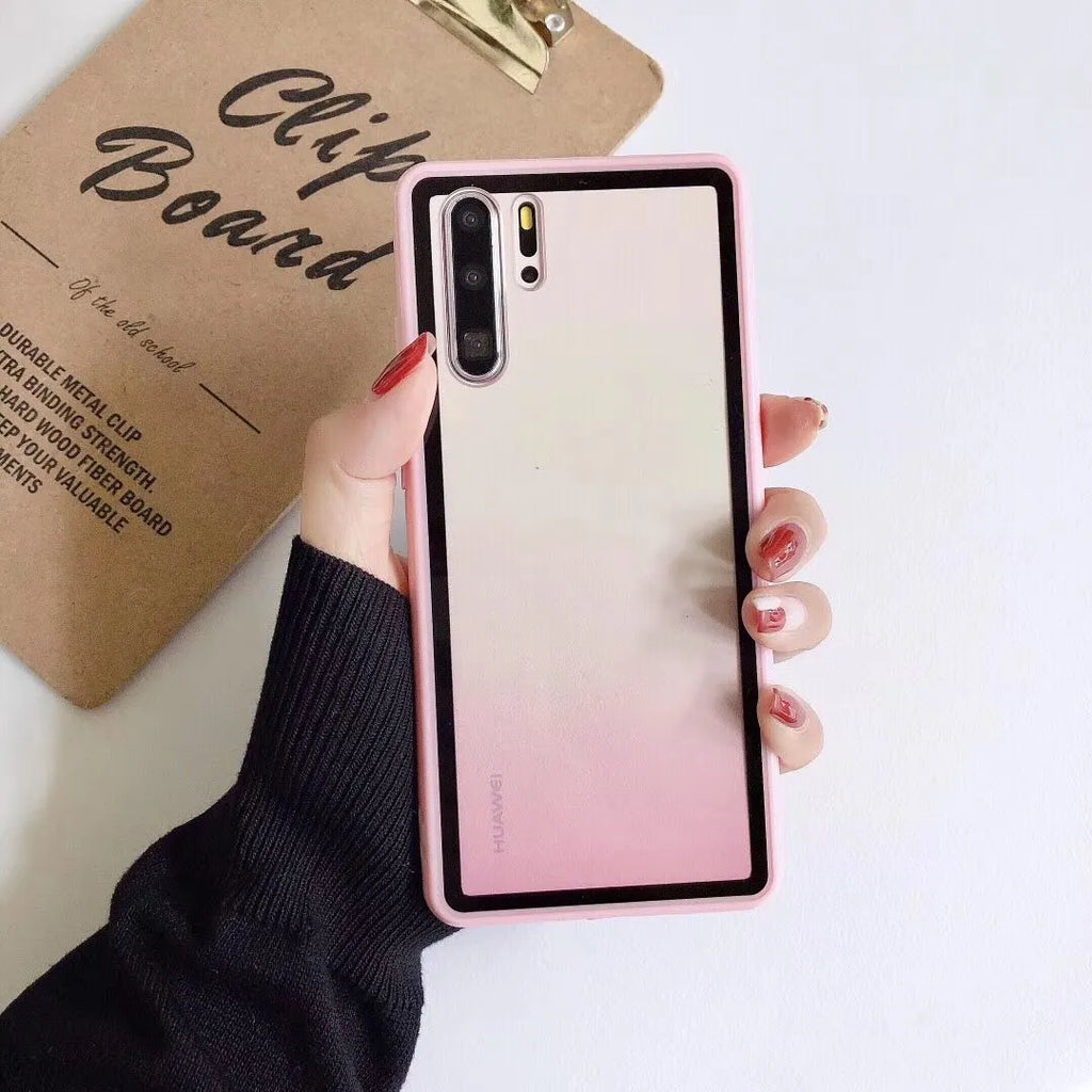 Huawei smartphone case in black, green, orange, or pink, showing TPU bumper and PC backplate.