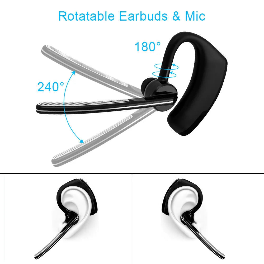 V9 Bluetooth wireless headset with ear-bud and charging cable on a grey background.