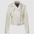 Women's red PU leather jacket with a lapel collar and a short waist belt, laid flat.