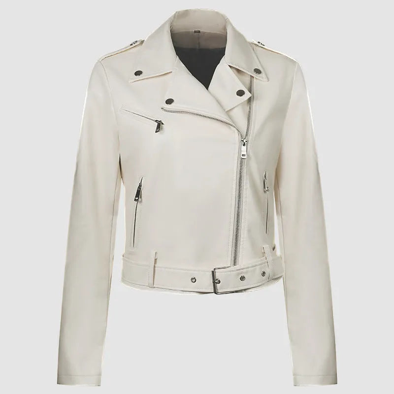 Women's red PU leather jacket with a lapel collar and a short waist belt, laid flat.