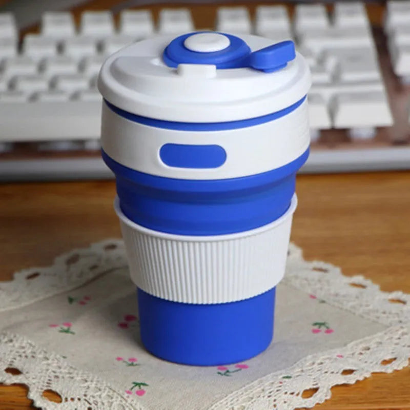 Collapsible silicone travel cup shown expanded and folded with leak-proof cover