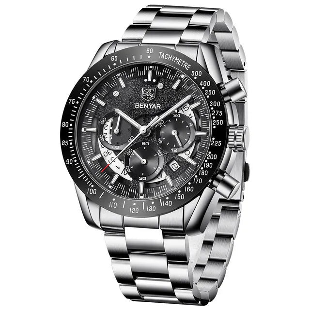 Quartz watch luminous display calendar date 45mm stainless steel strap round alloy case mineral glass