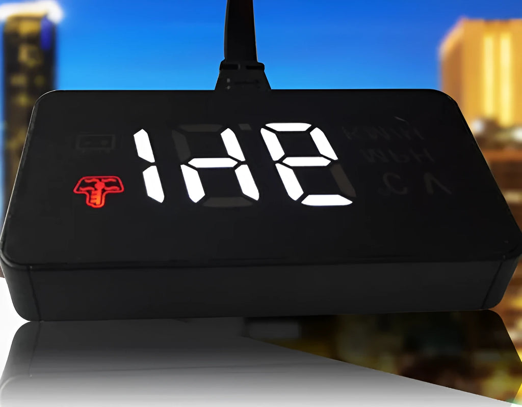 A100 OBD II head up display projecting vehicle speed on windscreen, with white or green light option