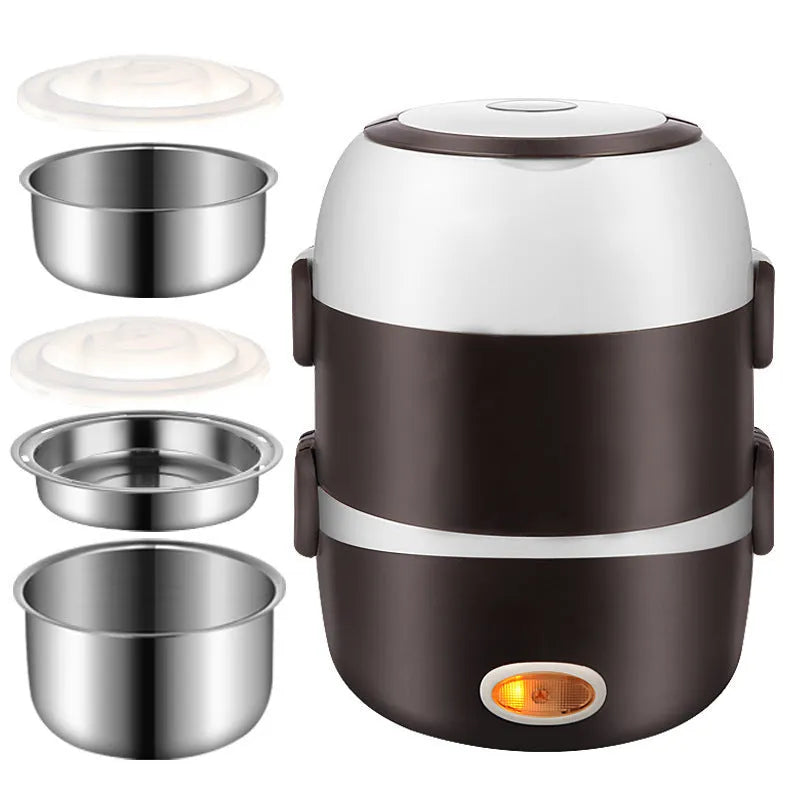 USB-powered multi-function lunch box showing two-layer and three-layer insulated containers