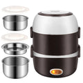 USB-powered multi-function lunch box showing two-layer and three-layer insulated containers