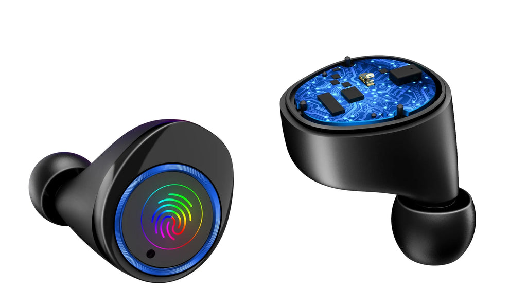X11 Bluetooth wireless earphones in black with charging case and earpiece sleeves