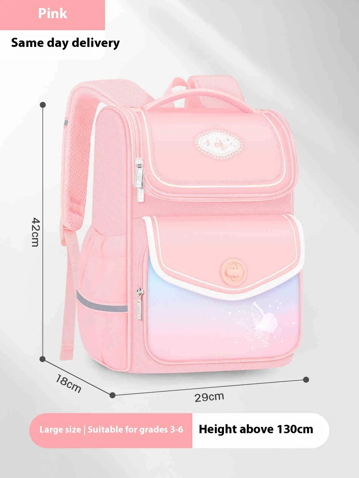 Girls waterproof Oxford cloth school backpack in pink, shown in large and small sizes for primary school years 1-6.
