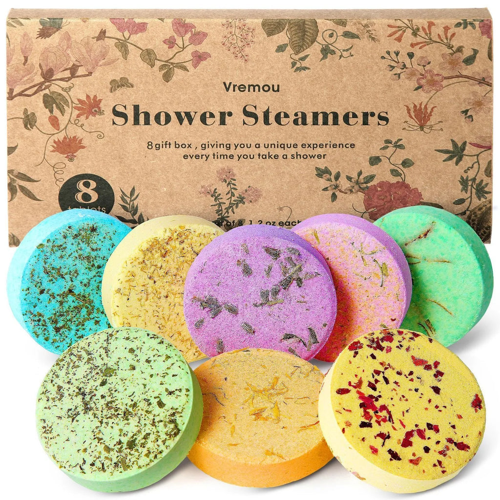 Set of eight round dried flower fragrance shower pieces, 35g each, bath salts type
